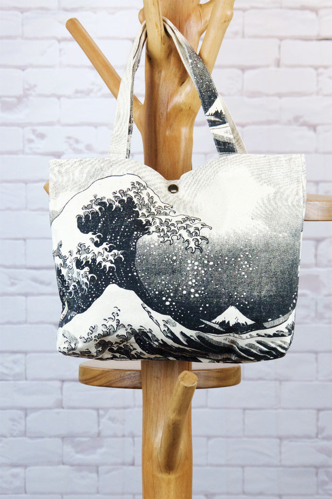 Handbag | Big Wave - bag, big wave, biology, black and white, handbag, marine, nature, sea, Shopper, small, snap button, Tote, tote bag - Wander Emporium
