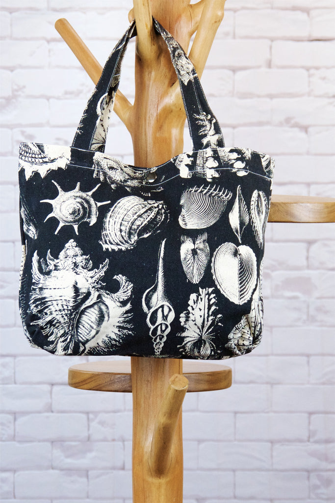 Handbag | Shells - bag, biology, black and white, handbag, marine, nature, sea, shells, Shopper, small, snap button, Tote, tote bag - Wander Emporium