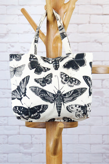 Handbag | Moth - bag, biology, black and white, butterfly, handbag, Moth, nature, Shopper, small, snap button, Tote, tote bag - Wander Emporium