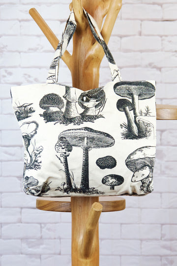 Handbag | Mushrooms - bag, biology, black and white, handbag, morel, mushrooms, nature, porcini, Shopper, small, snap button, Tote, tote bag - Wander Emporium