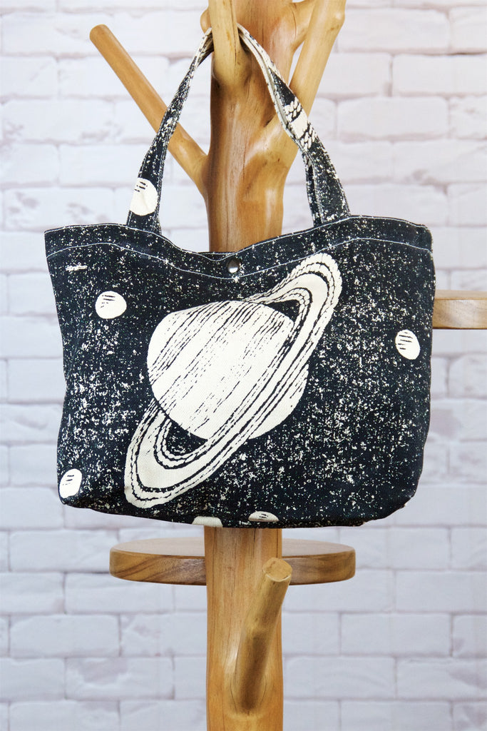 Handbag | Saturn - astronomy, bag, black and white, handbag, jupiter, outer space, PLANET, planets, Shopper, small, snap button, space, Tote, tote bag - Wander Emporium