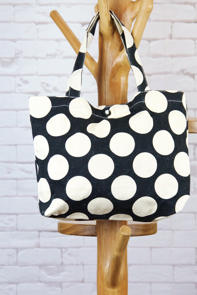 Handbag | Dots - bag, black and white, dots, handbag, polka dots, Shopper, small, snap button, Tote, tote bag - Wander Emporium