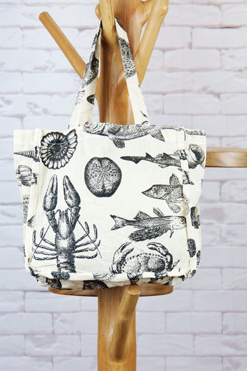 Small Shopper | Sea Creatures - bag, black and white, fishlobster, purse, sea, sea creatures, shells, shrimp, small, Tote, tote bag, wild - Wander Emporium