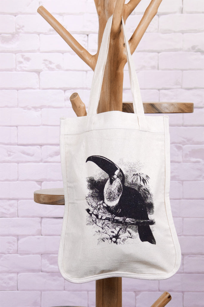 Shopper Curved | Toucan - bag, bird, black and white, drawing, nature, Shopper, small, Tote, tote bag, toucan, tucan - Wander Emporium