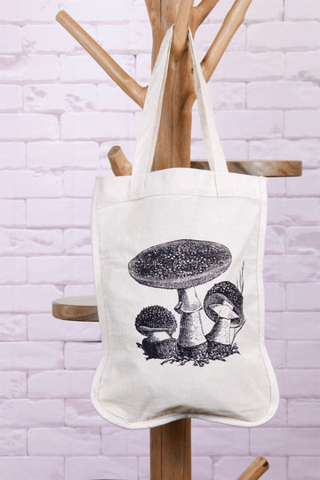 Shopper Curved | Mushrooms - bag, black and white, drawing, mushrooms, nature, porcini, Shopper, small, Tote, tote bag - Wander Emporium
