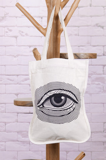 Small Shopper Curved | Eye - bag, black and white, drawing, eye, nature, Shopper, small, Tote, tote bag - Wander Emporium