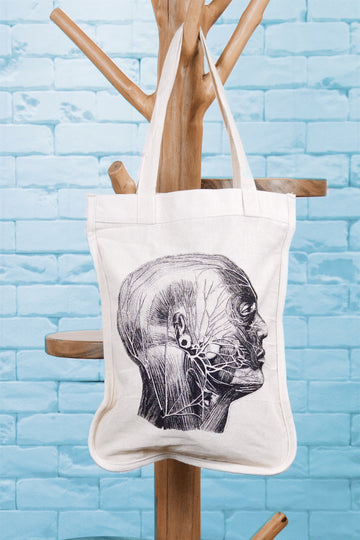 Shopper Curved | Head - anatomy, anatomy print, bag, handbag, head, nature, paint, Shopper, small, snap button, Tote, tote bag - Wander Emporium