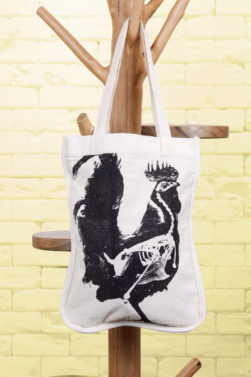 Shopper Curved | Rooster - bag, bird, black and white, drawing, nature, rooster, Shopper, small, Tote, tote bag - Wander Emporium