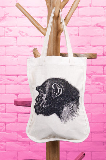 Shopper Curved | Monkey - bag, black and white, drawing, monkey, nature, Shopper, small, Tote, tote bag - Wander Emporium