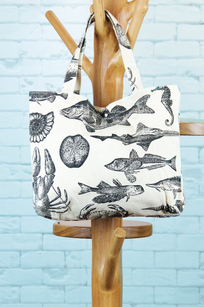 Handbag | Sea Creatures - bag, big wave, biology, black and white, handbag, marine, nature, sea, Shopper, small, snap button, Tote, tote bag - Wander Emporium