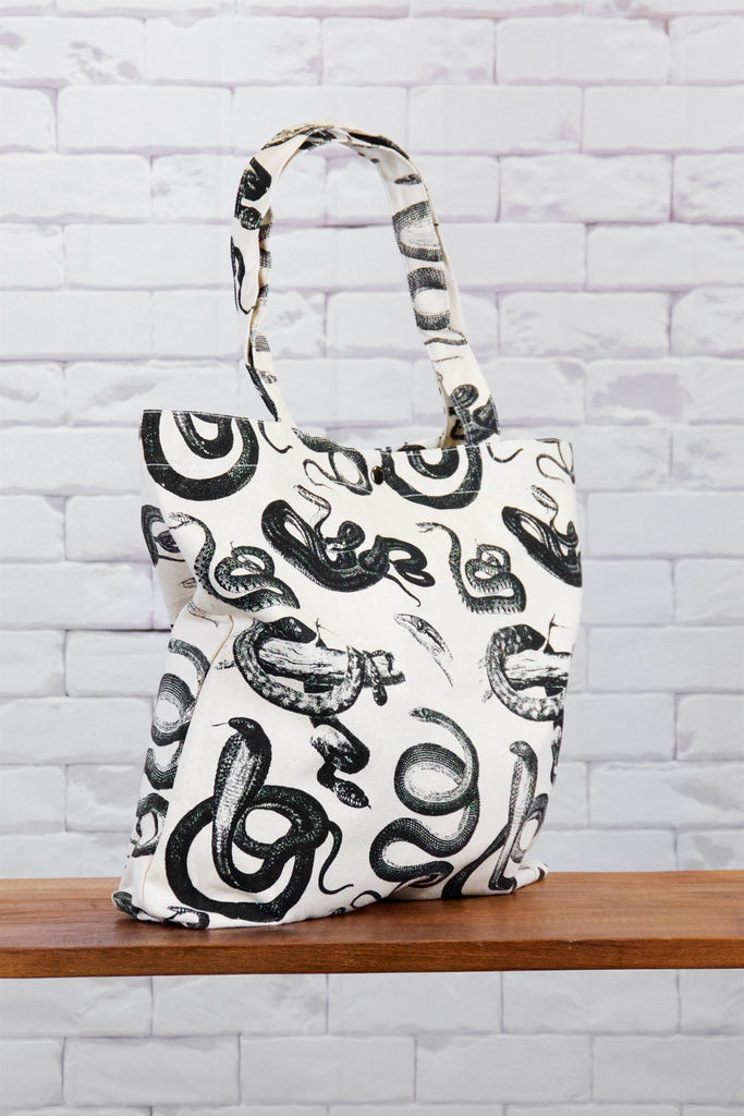 Shopper Bag | Snakes - bag, beach bag, biology, black and white, drawing, hand printed, nature, rattlesnake, Shopper, snake, snakes, snap button, Tote, tote bag, travel - Wander Emporium