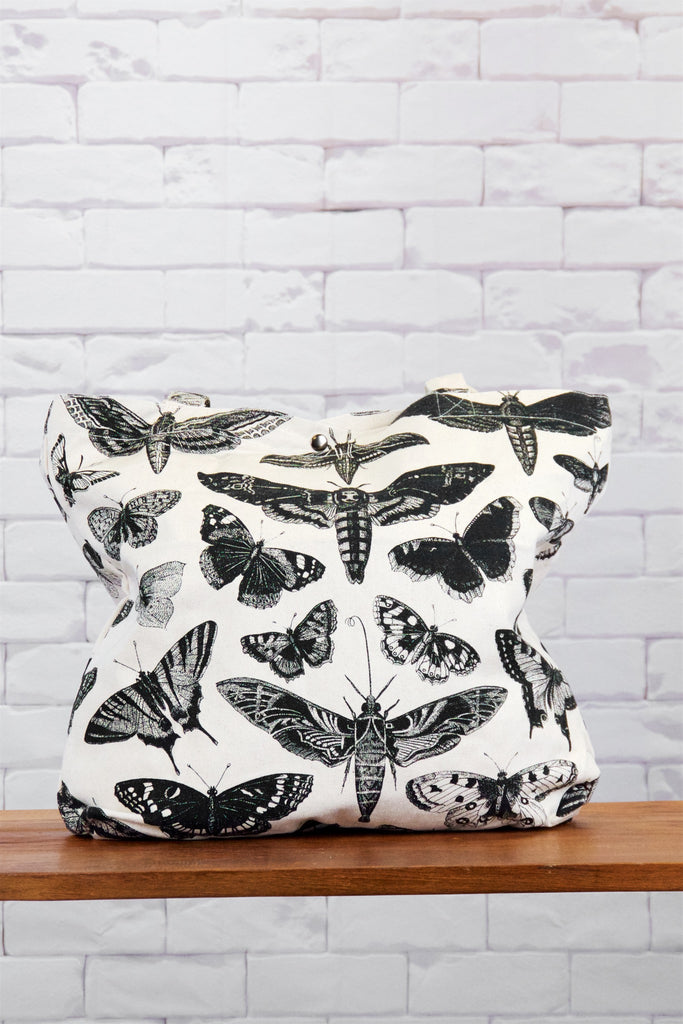 Shopper Bag | Moth - bag, beach bag, biology, black and white, butterfly, drawing, hand printed, Moth, nature, Shopper, snap button, Tote, tote bag, travel - Wander Emporium