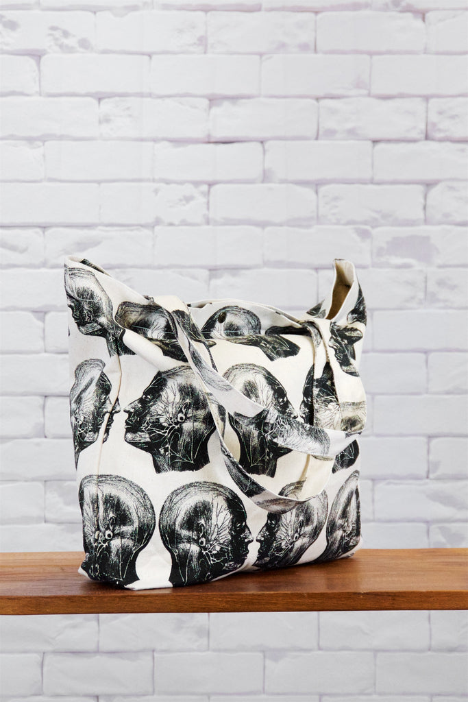 Shopper Bag | Heads - anatomy, anatomy drawing, anatomy print, bag, beach bag, black and white, drawing, hand printed, head, heads, Shopper, snap button, Tote, tote bag, travel - Wander Emporium