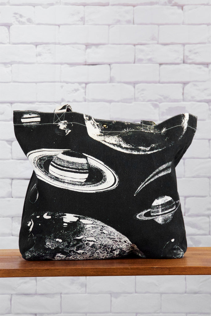 Shopper Bag | Planets - bag, beach bag, black and white, drawing, galaxy, hand printed, outer space, PLANET, planets, Shopper, snap button, space, Tote, tote bag, travel - Wander Emporium
