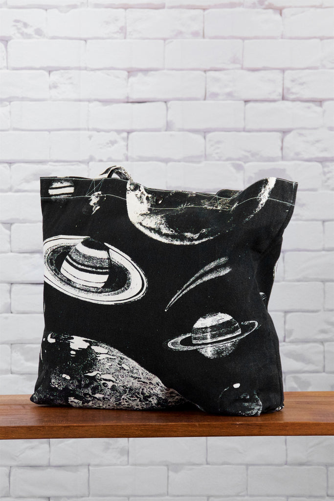 Shopper Bag | Planets - bag, beach bag, black and white, drawing, galaxy, hand printed, outer space, PLANET, planets, Shopper, snap button, space, Tote, tote bag, travel - Wander Emporium