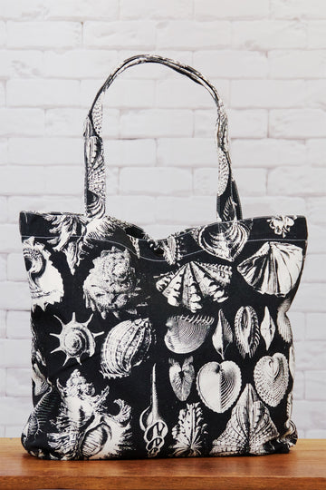 Shopper Bag | Conch - bag, beach bag, black and white, caracol shell, conch, drawing, hand printed, seashells, Shell, shell pattern, shells, Shopper, snap button, Tote, tote bag, travel - Wander Emporium