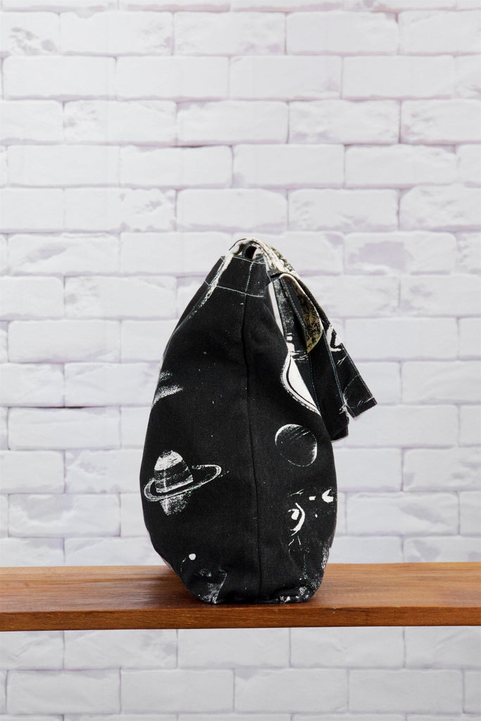 Shopper Bag | Planets - bag, beach bag, black and white, drawing, galaxy, hand printed, outer space, PLANET, planets, Shopper, snap button, space, Tote, tote bag, travel - Wander Emporium