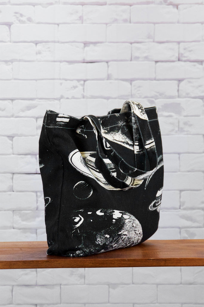 Shopper Bag | Planets - bag, beach bag, black and white, drawing, galaxy, hand printed, outer space, PLANET, planets, Shopper, snap button, space, Tote, tote bag, travel - Wander Emporium