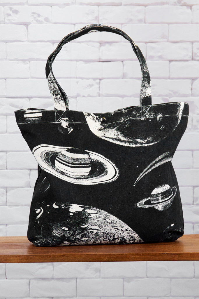 Shopper Bag | Planets - bag, beach bag, black and white, drawing, galaxy, hand printed, outer space, PLANET, planets, Shopper, snap button, space, Tote, tote bag, travel - Wander Emporium