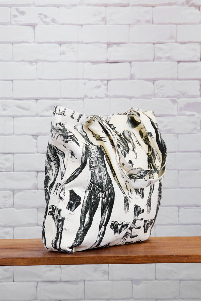 Shopper Bag | Anatomy - anatomy, anatomy drawing, anatomy print, bag, beach bag, black and white, drawing, hand printed, human, human body, human skeleton, Shopper, snap button, Tote, tote bag, travel - Wander Emporium