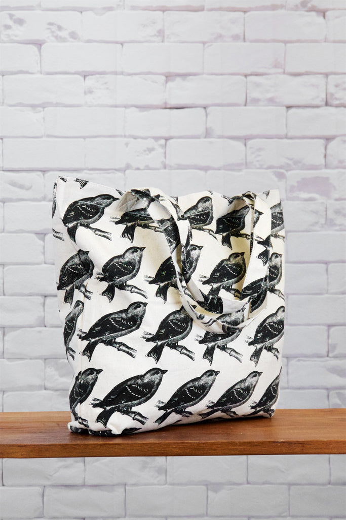 Shopper Bag | Warblers - bag, beach bag, bird, birds, black and white, drawing, hand printed, Shopper, snap button, Tote, tote bag, travel, warbler, warblers - Wander Emporium