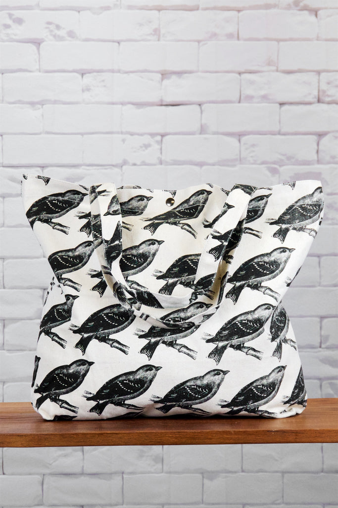 Shopper Bag | Warblers - bag, beach bag, bird, birds, black and white, drawing, hand printed, Shopper, snap button, Tote, tote bag, travel, warbler, warblers - Wander Emporium