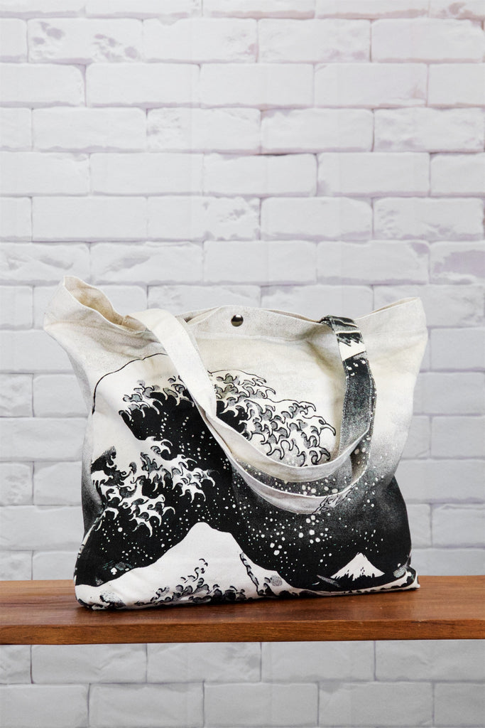 Shopper Bag | Waves - bag, beach bag, big wave, black and white, drawing, hand printed, japanese wave, Shopper, snap button, Tote, tote bag, travel, waves - Wander Emporium