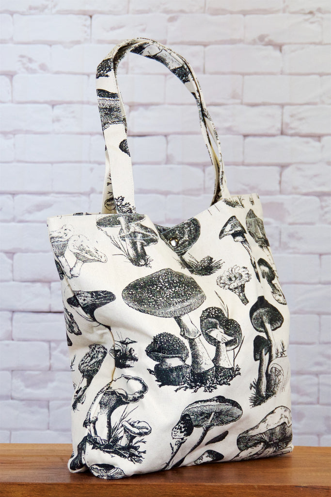 Shopper Bag | Mushroom - bag, beach bag, black and white, drawing, forage', forest, hand printed, morel, mushroom, mushrooms, nature, porcini, Shopper, Tote, tote bag, travel - Wander Emporium