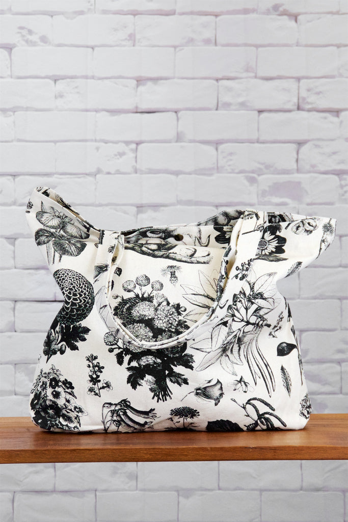 Shopper Bag |  Wild Blooms - bag, beach bag, black and white, blooms, drawing, flowers, hand printed, nature, Shopper, snap button, Tote, tote bag, travel, wild, wild flowers, wild tropics - Wander Emporium