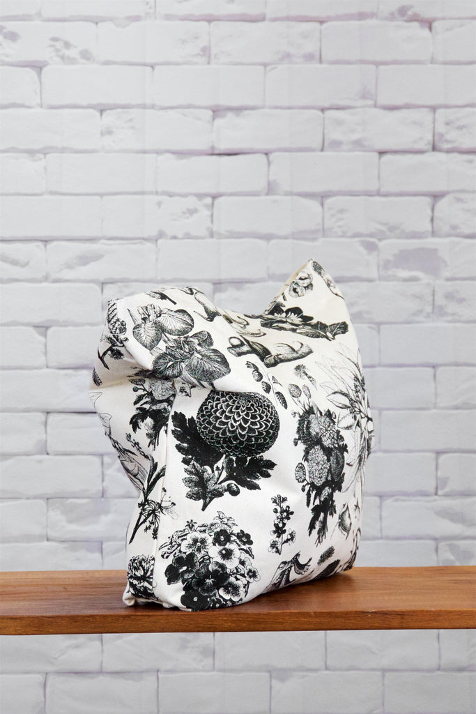 Shopper Bag |  Wild Blooms - bag, beach bag, black and white, blooms, drawing, flowers, hand printed, nature, Shopper, snap button, Tote, tote bag, travel, wild, wild flowers, wild tropics - Wander Emporium