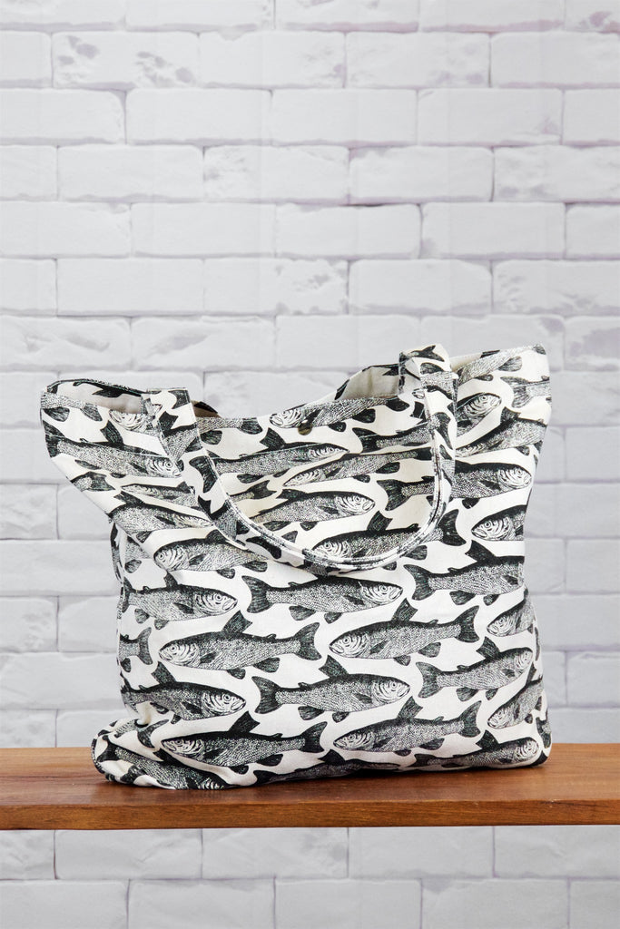 Shopper Bag |  Fish - bag, beach bag, black and white, blooms, drawing, fish, hand printed, makerel, nature, sardine, school of fish, Shopper, snap button, Tote, tote bag, travel - Wander Emporium