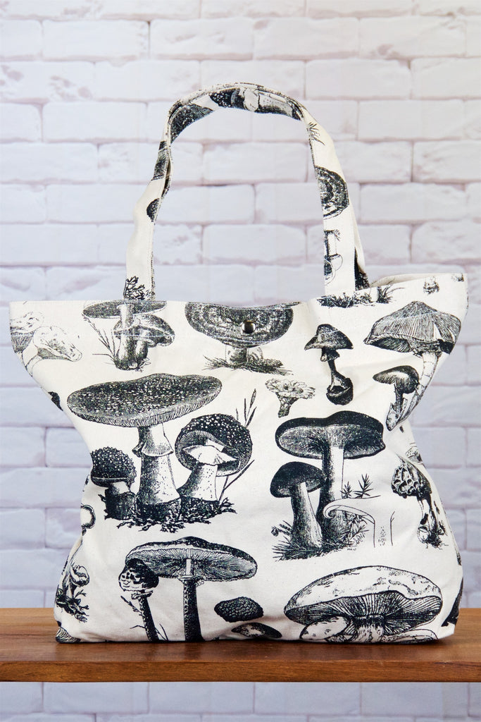 Shopper Bag | Mushroom - bag, beach bag, black and white, drawing, forage', forest, hand printed, morel, mushroom, mushrooms, nature, porcini, Shopper, Tote, tote bag, travel - Wander Emporium
