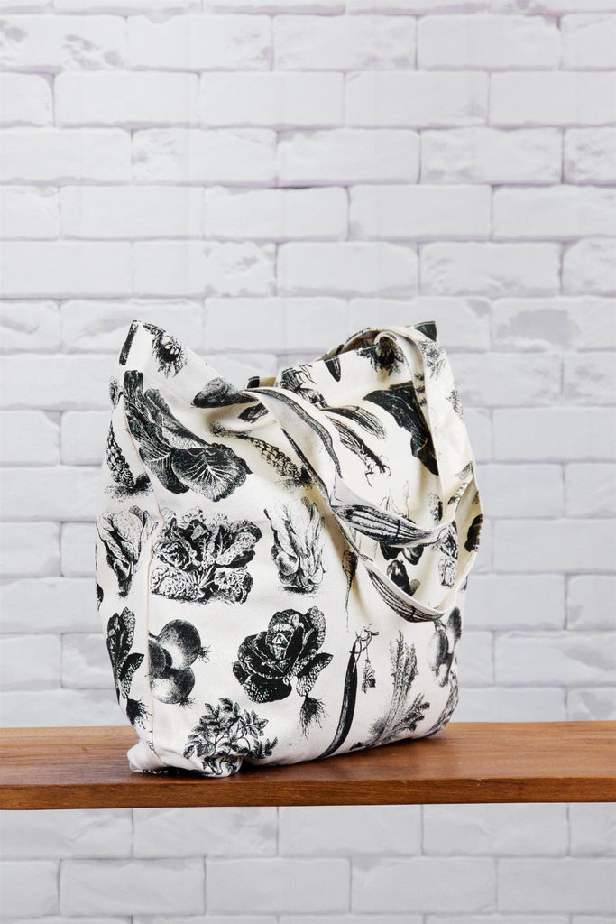 Shopper Bag | Vegetables - bag, beach bag, black and white, drawing, forage, forest, hand printed, Shopper, snap button, Tote, tote bag, travel, vegetables, veggies - Wander Emporium