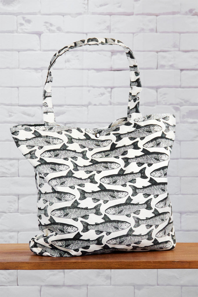 Shopper Bag |  Fish - bag, beach bag, black and white, blooms, drawing, fish, hand printed, makerel, nature, sardine, school of fish, Shopper, snap button, Tote, tote bag, travel - Wander Emporium