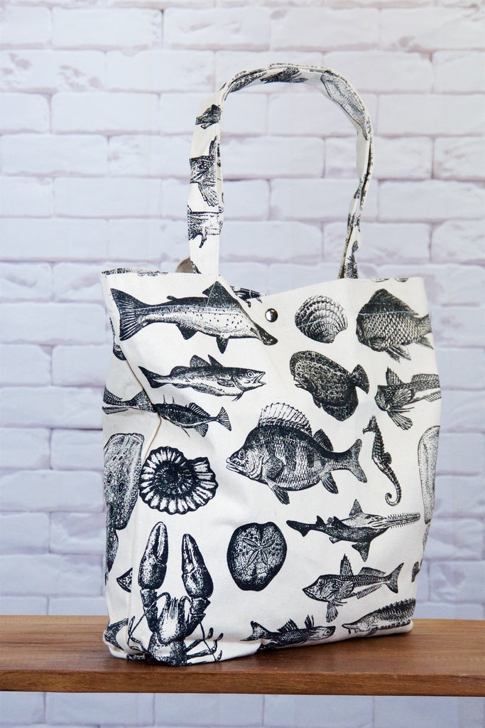 Shopper Bag | Fish - bag, beach bag, black and white, drawing, fish, hand printed, nature, school of fish, seahorse, shells, Shopper, Tote, tote bag, travel - Wander Emporium