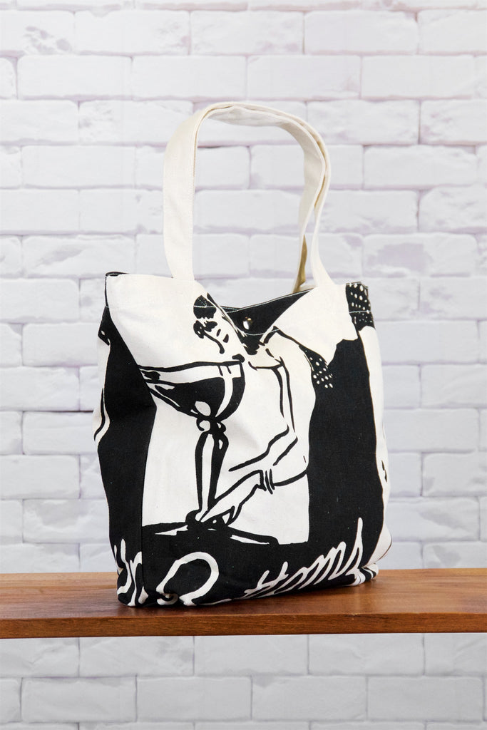 Shopper Bag | Martini - bag, beach bag, black and white, drawing, drinks, hand printed, martini, pinup, Shopper, snap button, Tote, tote bag, travel - Wander Emporium