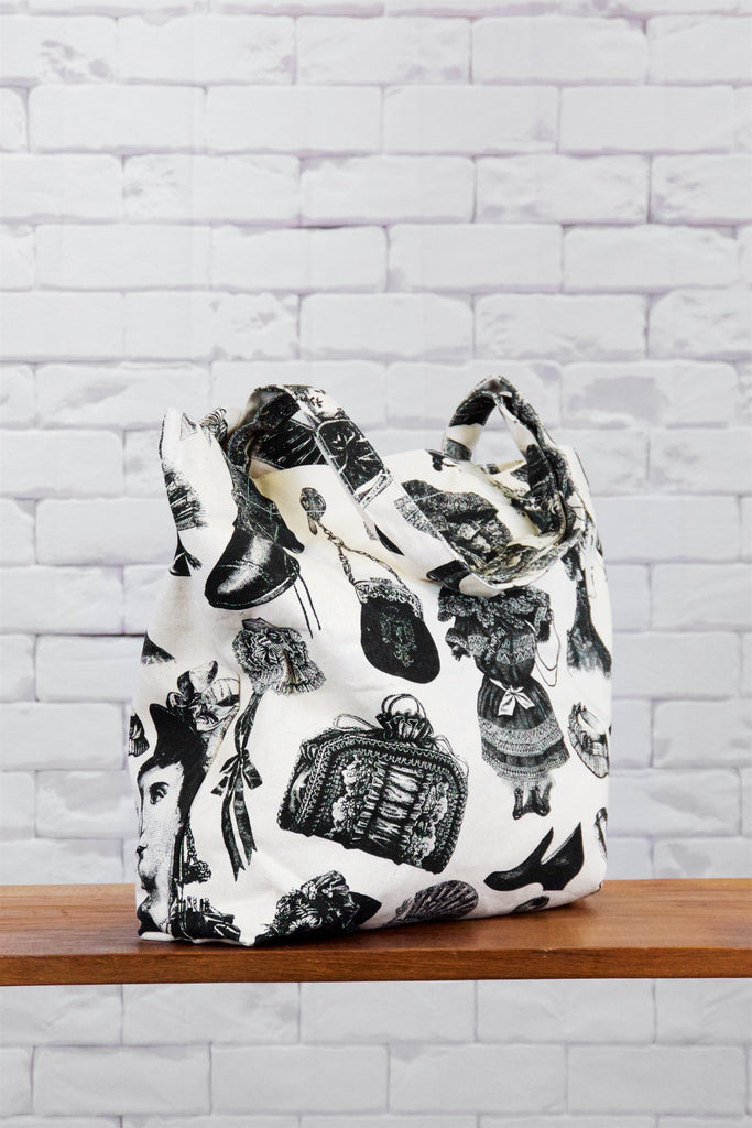Shopper Bag | Victoria Fashion - bag, beach bag, black and white, drawing, hand printed, Shopper, snap button, Tote, tote bag, travel, victoria, victorian fashion, victorian style - Wander Emporium