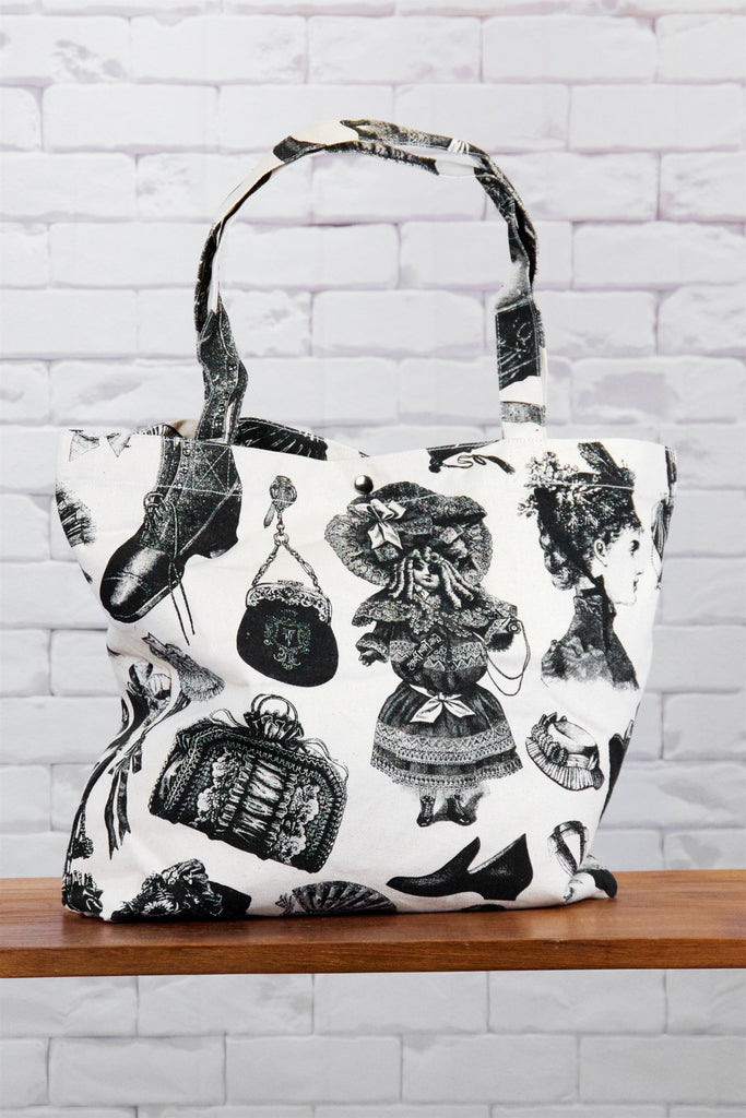 Shopper Bag | Victoria Fashion - bag, beach bag, black and white, drawing, hand printed, Shopper, snap button, Tote, tote bag, travel, victoria, victorian fashion, victorian style - Wander Emporium
