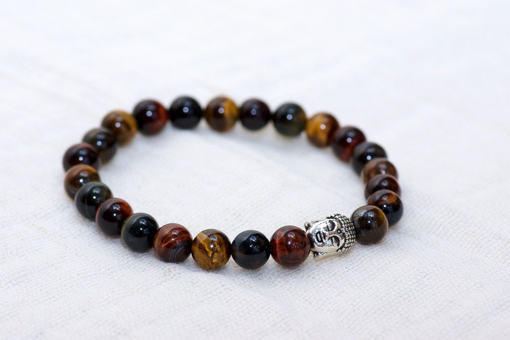 Stone Bracelet | Mix Tiger Eye with Buddha Charm - beaded bracelets, blue, Bracelet, crystals, gold, healing stones, stone, Tiger eye - Wander Emporium