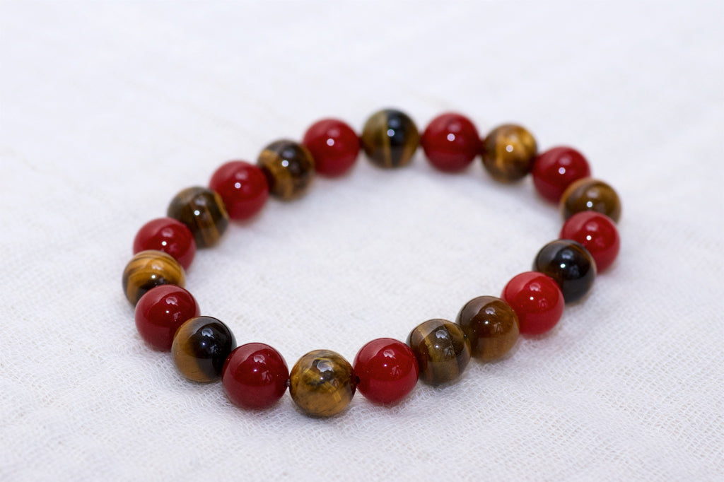 Stone Bracelet | Tiger Eye & Red Jade - beaded bracelets, Bracelet, crystals, healing stones, jade, Red, stone, Tiger eye - Wander Emporium