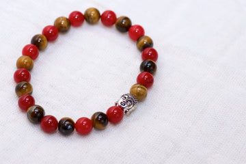 Stone Bracelet | Tiger Eye & Red Jade with Buddha Charm - beaded bracelets, Bracelet, crystals, healing stones, jade, Red, stone, Tiger eye - Wander Emporium