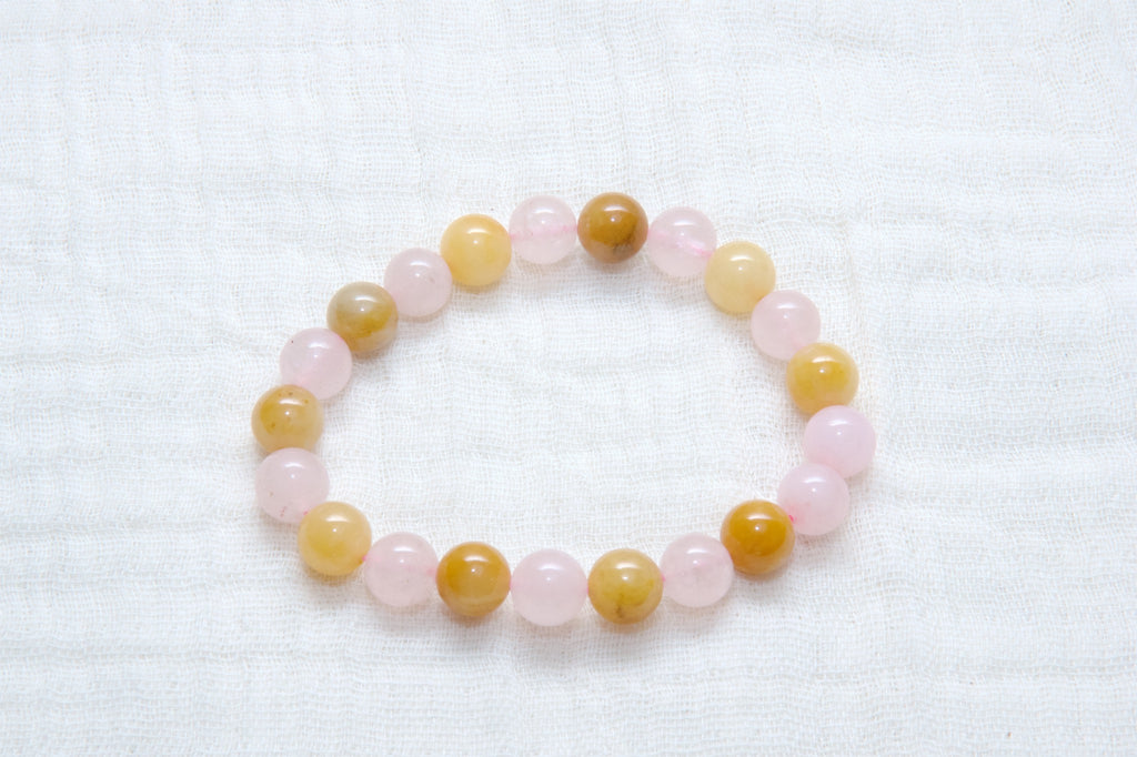 Stone Bracelet | Honey Jade & Rose Quartz - beaded bracelets, Bracelet, crystals, healing stones, honey, jade, Rose quarts, stone - Wander Emporium