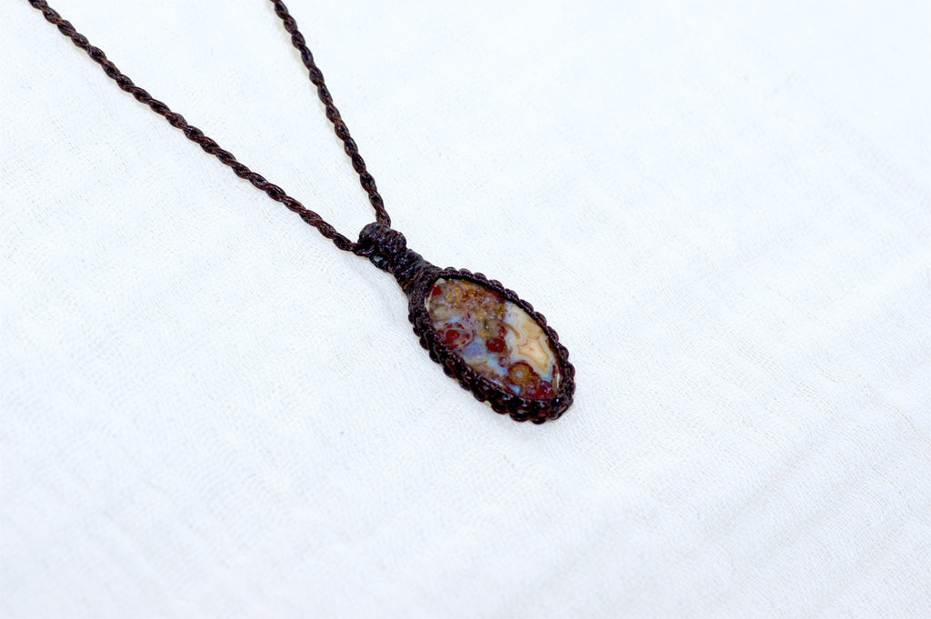 Fire Agate Necklace - agate, crazy lace, ease anxiety, grounding, healing stones, inner peace, jewelry, necklace, obsidian, protection, soothing, spiritual connection - Wander Emporium