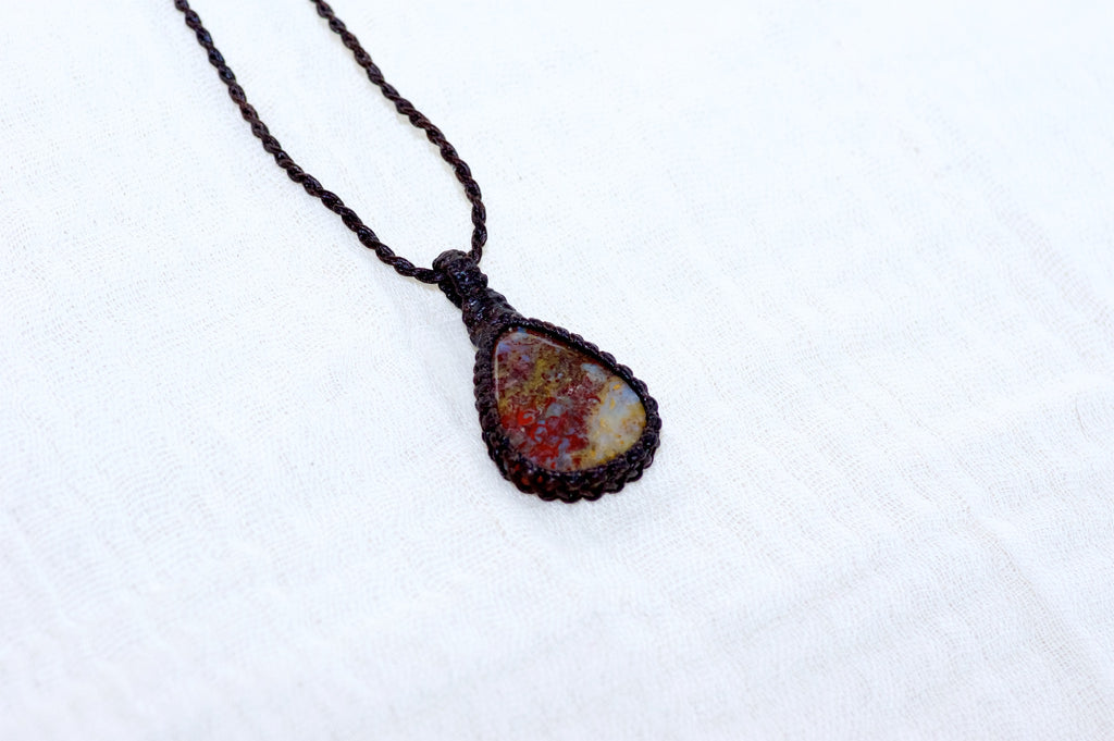 Fire Agate Necklace - agate, crazy lace, ease anxiety, grounding, healing stones, inner peace, jewelry, necklace, obsidian, protection, soothing, spiritual connection - Wander Emporium