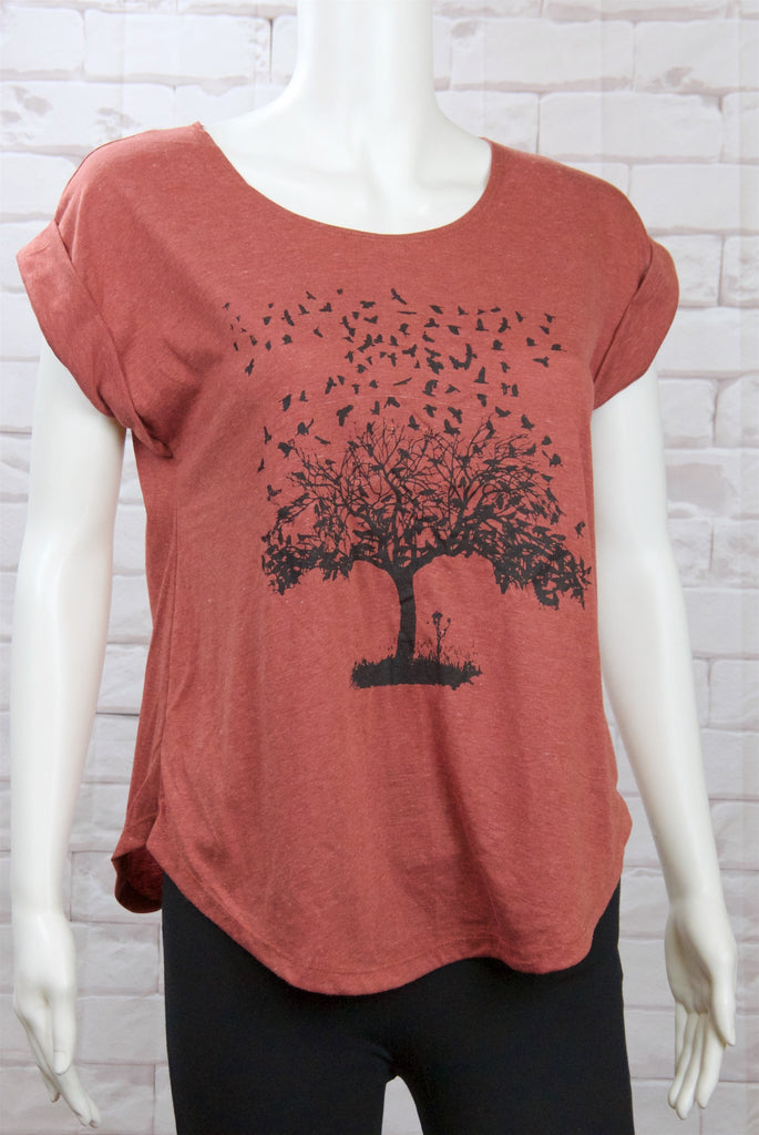 Roll Sleeve Tee - beige, birds, clothing, cool, duck tape, girl, girls, roll sleeve, tee, top, tree, tshirt - Wander Emporium