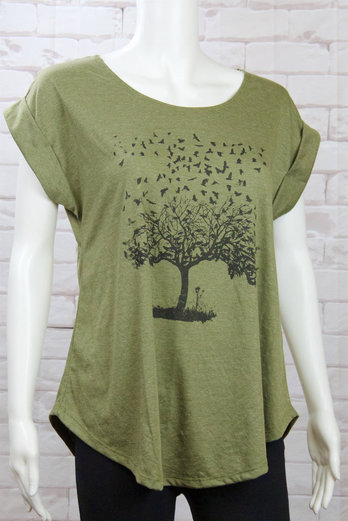 Roll Sleeve Tee - beige, birds, clothing, cool, duck tape, girl, girls, roll sleeve, tee, top, tree, tshirt - Wander Emporium