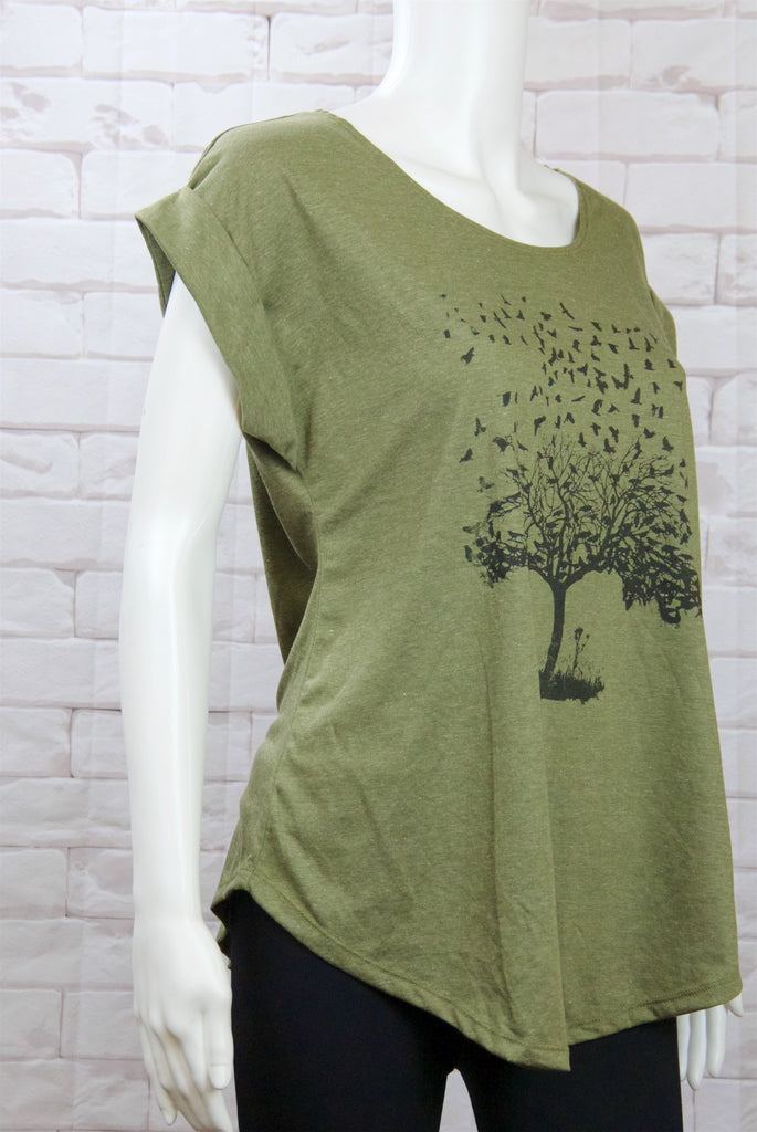 Roll Sleeve Tee - beige, birds, clothing, cool, duck tape, girl, girls, roll sleeve, tee, top, tree, tshirt - Wander Emporium