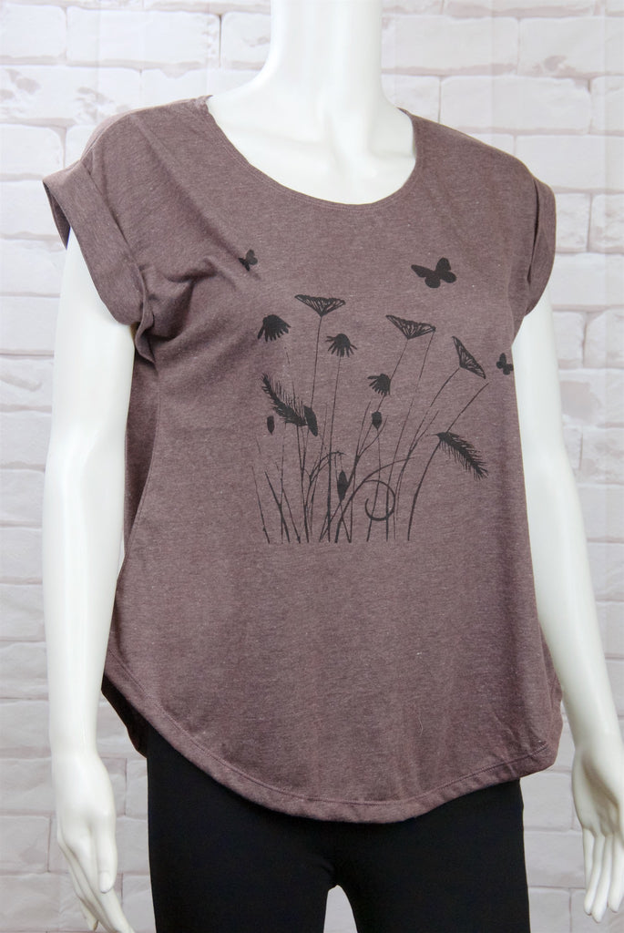 Roll Sleeve Tee - butterflies, butterfly, cool, dragon fly, girl, girls, roll sleeve, tee, top, tshirt, wild flowers - Wander Emporium