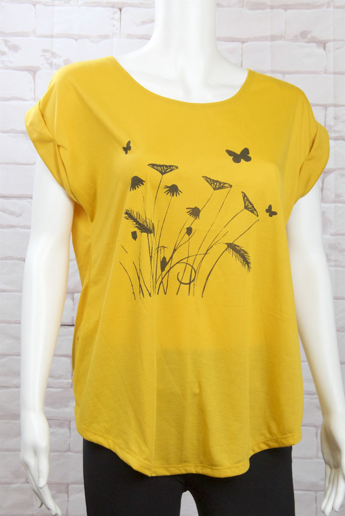 Roll Sleeve Tee - butterflies, butterfly, cool, dragon fly, girl, girls, roll sleeve, tee, top, tshirt, wild flowers - Wander Emporium