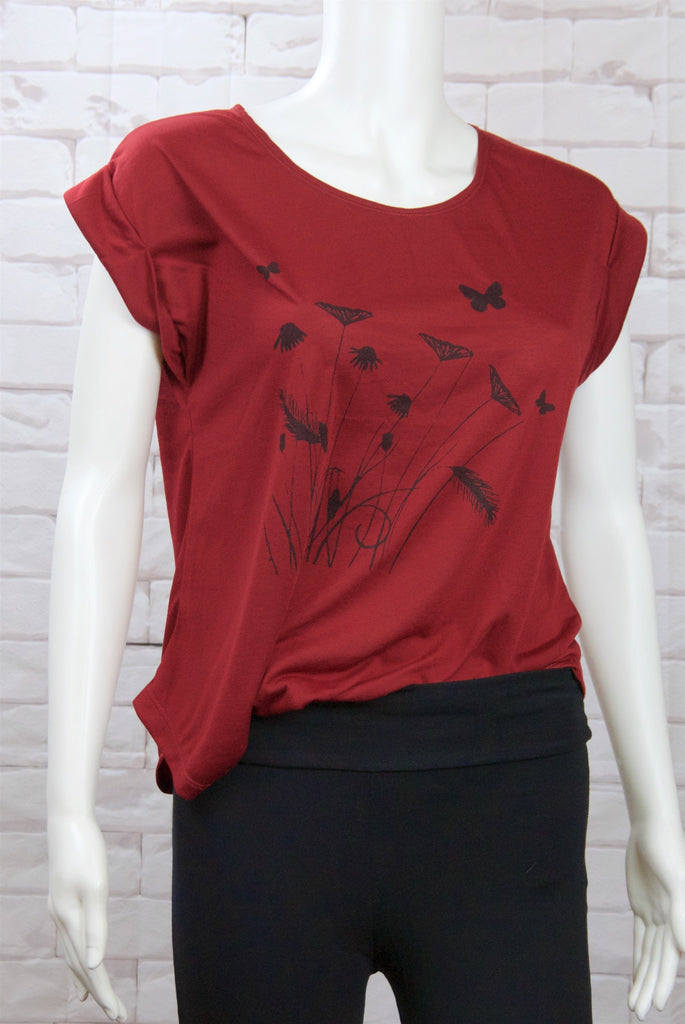 Roll Sleeve Tee - butterflies, butterfly, cool, dragon fly, girl, girls, roll sleeve, tee, top, tshirt, wild flowers - Wander Emporium